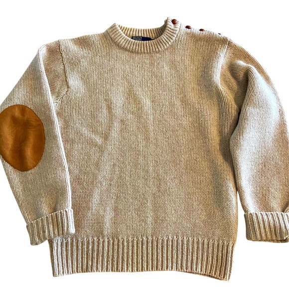 Polo Ralph Lauren Pullover M 100% Wool Rib Knit Sweater Leather Elbow Oatmeal - Picture 10 of 10